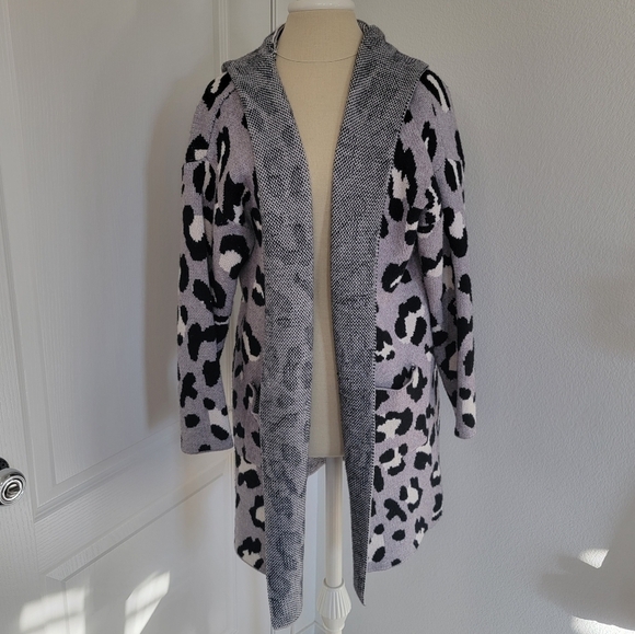 Open Front Grey Leopard Pocket Long Hooded Cardigan Size L Large - Picture 6 of 13
